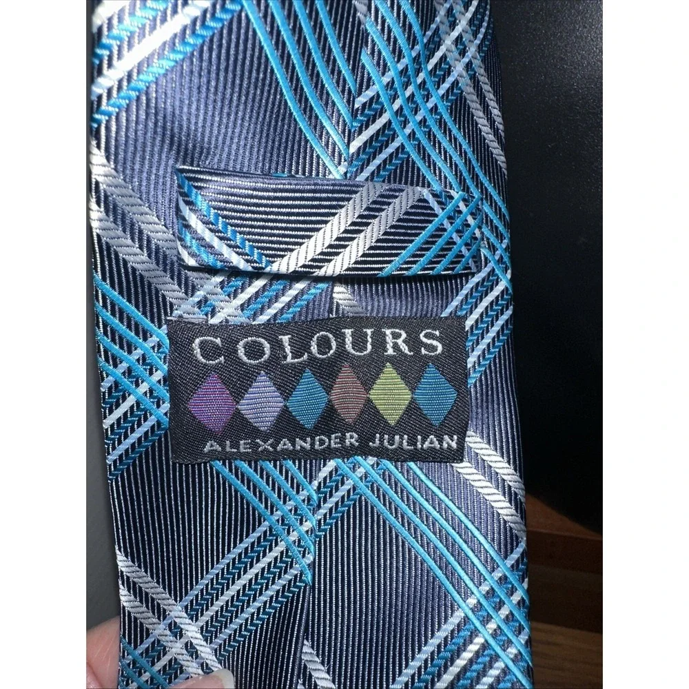 Colours by Alexander Julian Blue Teal‎ Grey Neck Tie Plaid Geometric
